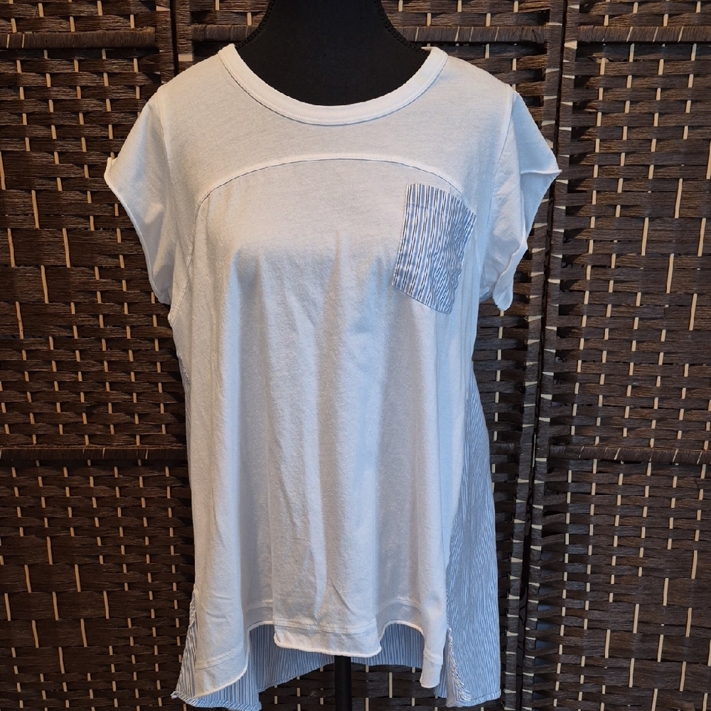 Maeve White Tee with Blue Striped Pocket